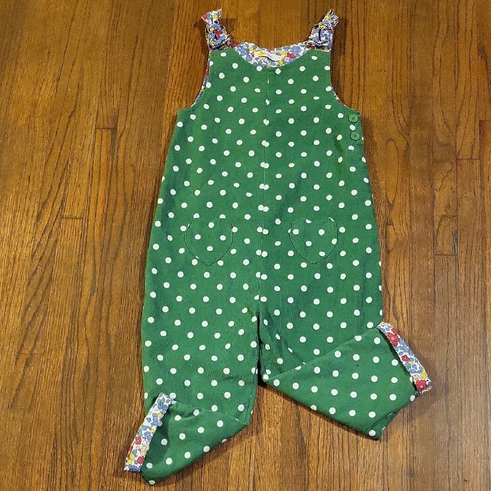 Baby Boden Green Overalls with White Polka Dots